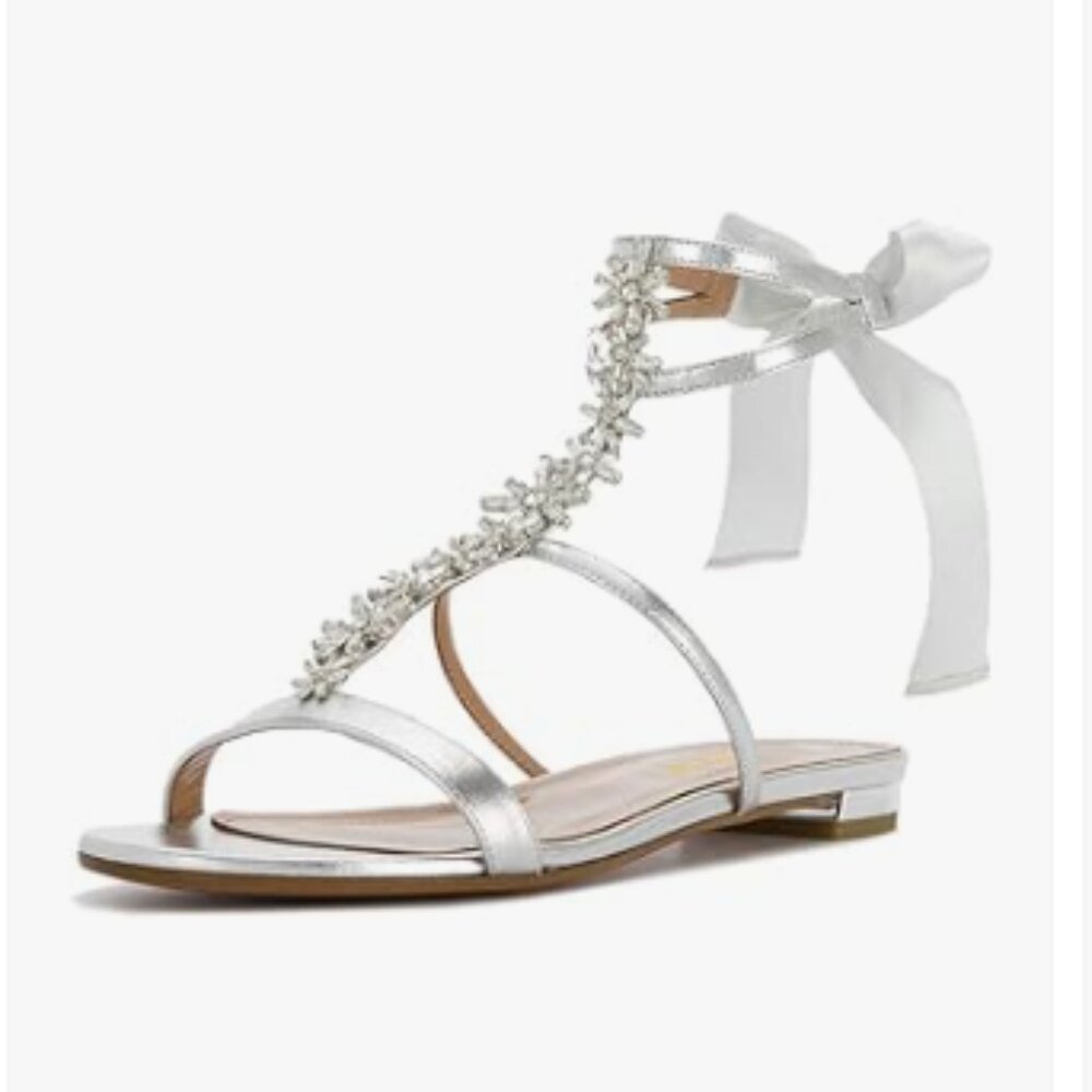 XYD Silver Open Toe Rhinestone T-Strap Flat Strappy Slingback Lace up Sandal